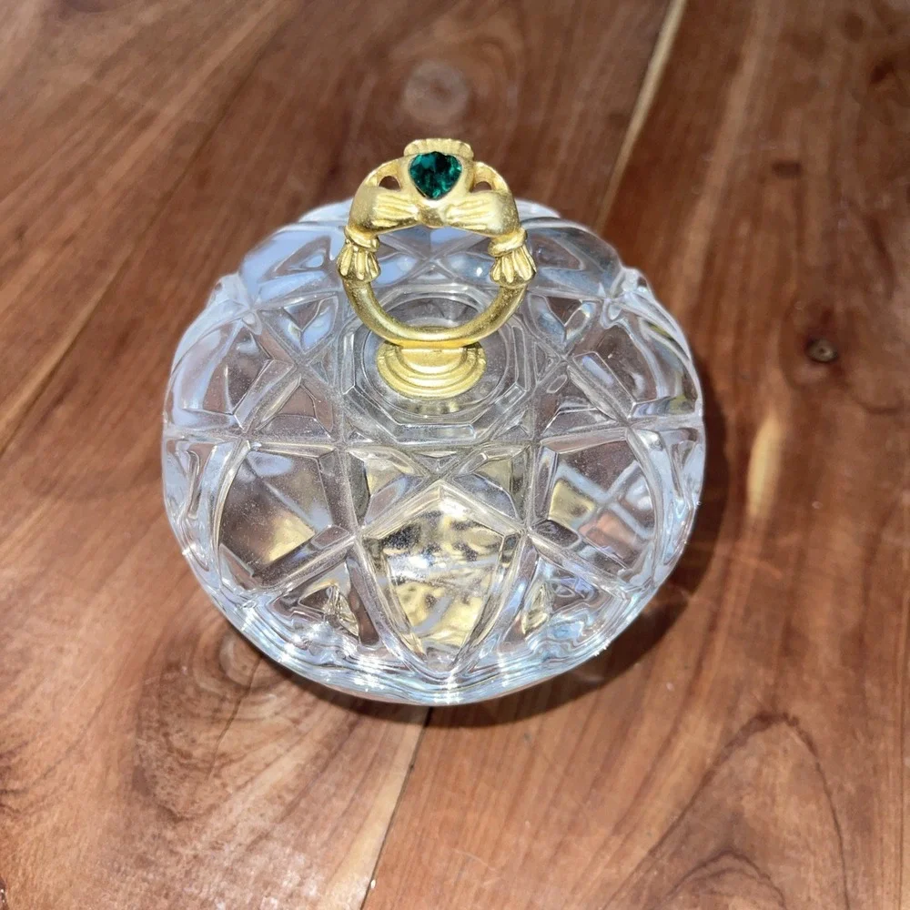Killarney Crystal Ireland 22K Gold Trinket Dish w/Gold Heart Claddagh Ring Lid